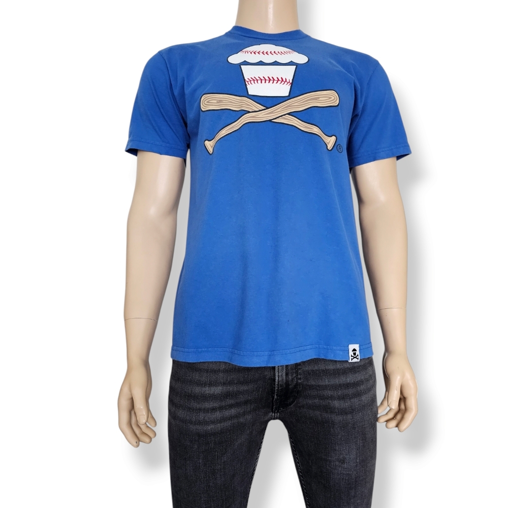 Johnny Cupcakes Vintage Blue Baseball Print Graphic Tee Size Large